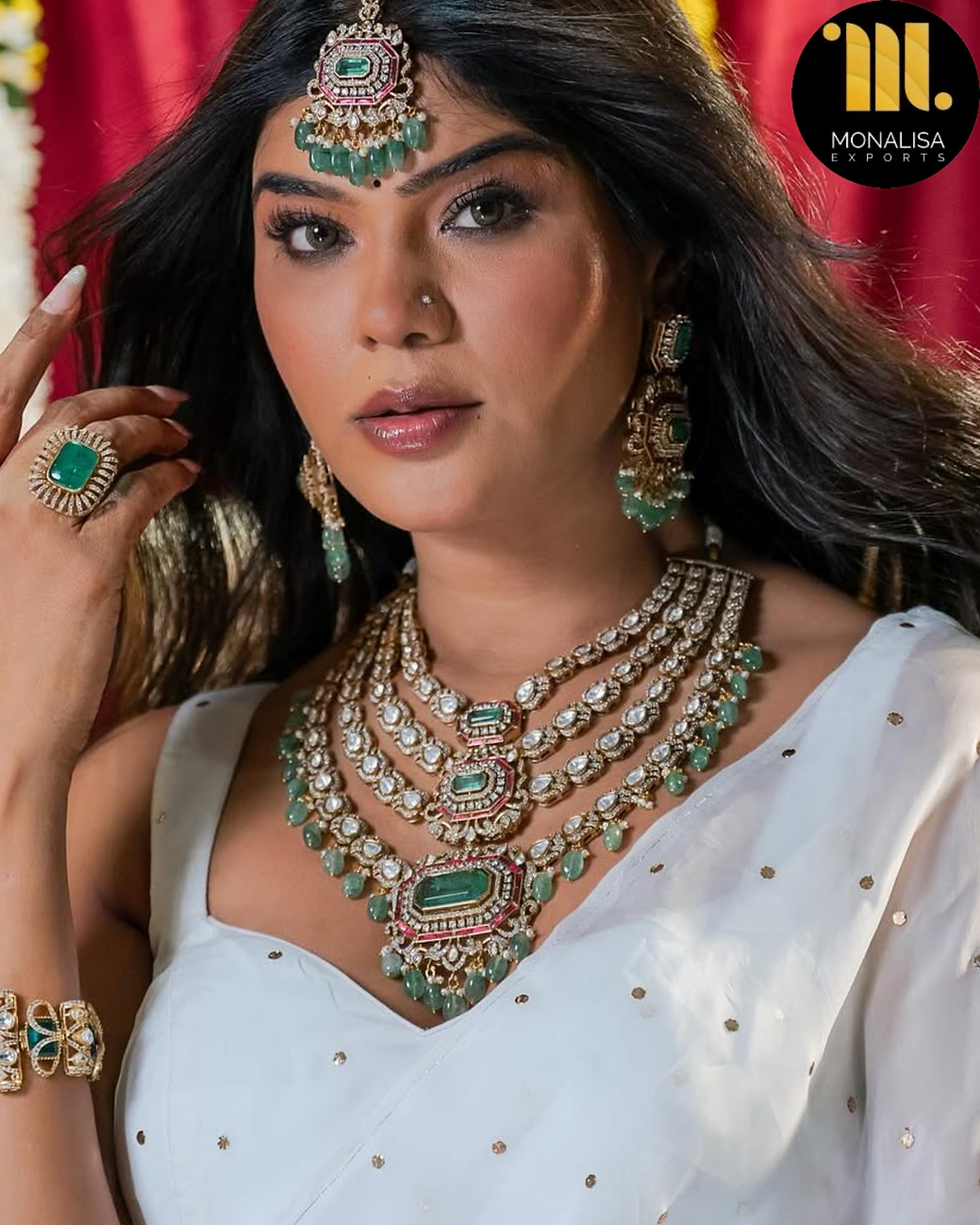 Thumbnail: Kundan Polki Bridal Necklace Set: Emerald & Ruby Indian Wedding Jewelry