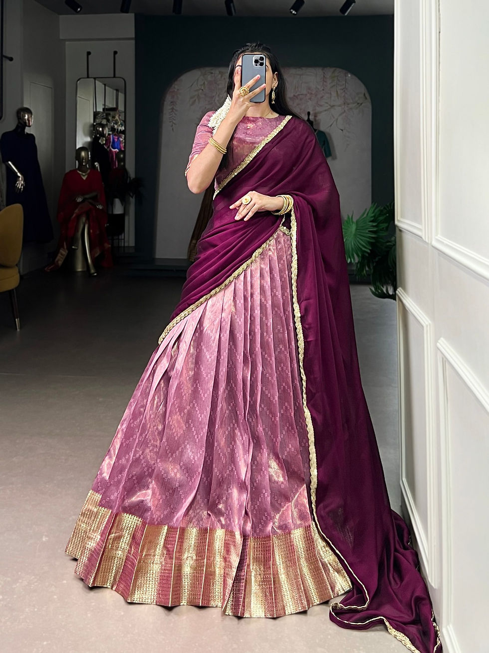 Thumbnail:   Bollywood Lehenga
Peach Dupion Silk Zari Work Lehenga Choli
