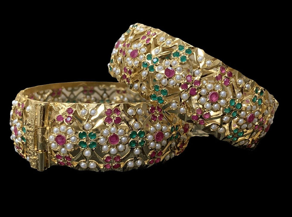 Shibra Punjabi jadau bangles in ruby emerald with pearls