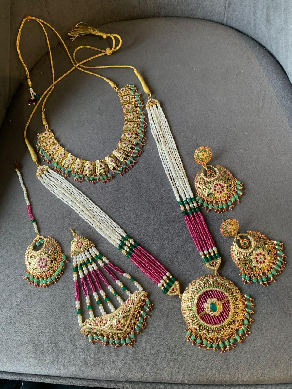 Thumbnail: Traditional jadau long set with chokker in semi precious pearls and stone 