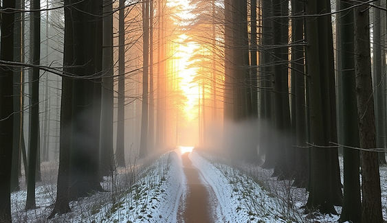 A narrow hiking path cuts through a quiet forest, where tall trees arch overhead like a ca