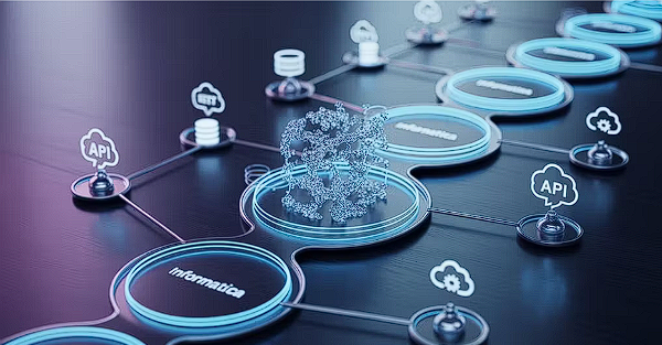 Arquitectura de datos empresarial conectando sistemas mediante APIs y pipelines de datos.