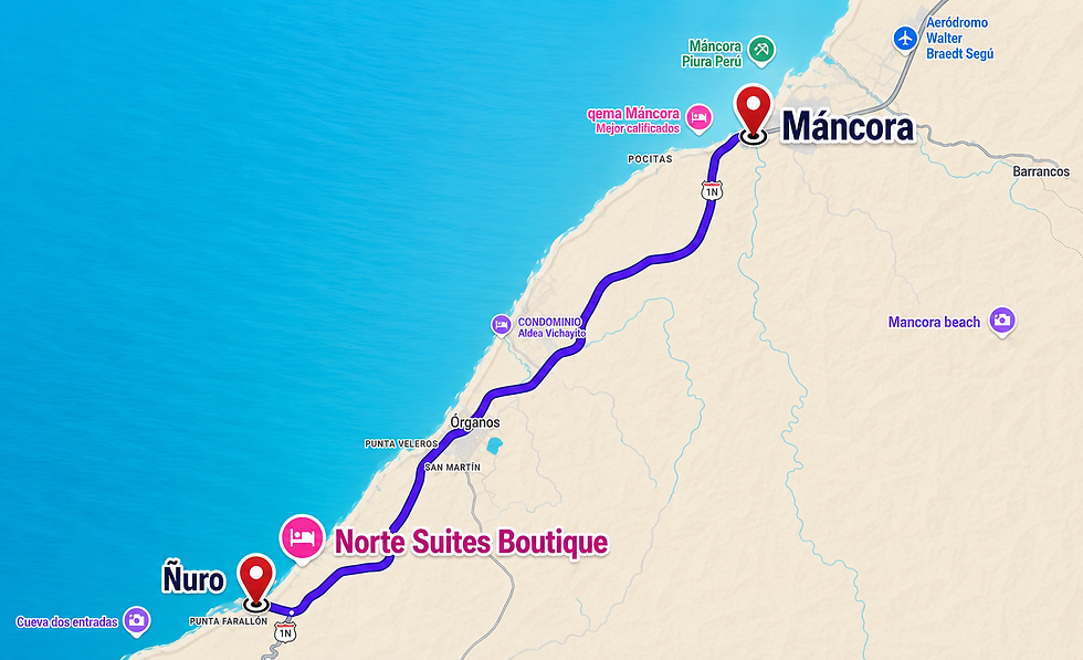 Mapa de ruta desde Máncora hasta Norte Suites Boutique en Playa El Ñuro, a 31 minutos por la Panamericana Norte