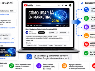 Infografía que explica cómo optimizar títulos, descripciones y etiquetas para que la IA comprenda y recomiende videos.