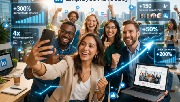 Equipo celebrando resultados de Employee Advocacy y crecimiento de visibilidad en LinkedIn.