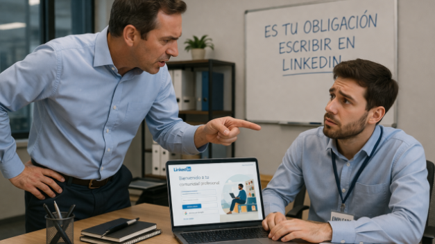 Líder presionando a un empleado para publicar en LinkedIn, ejemplo de una mala práctica de Employee Advocacy.