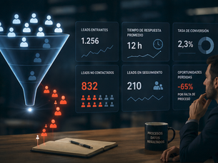 Un diagrama de funnel de ventas con iconos de personas y métricas que muestran leads entrantes, leads no contactados, leads en seguimiento, tiempo de respuesta promedio, tasa de conversión y oportunidades perdidas. Un hombre pensativo observa el diagrama.