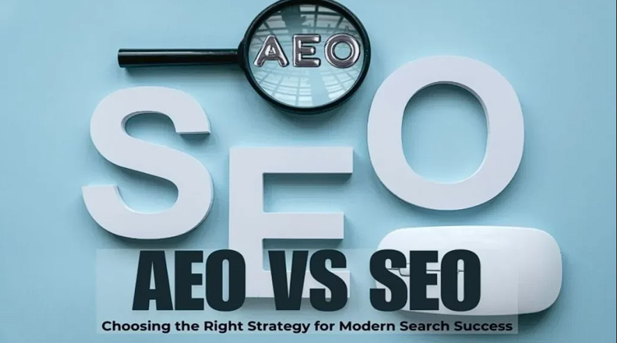 Imagen comparativa de AEO y SEO que representa el cambio hacia motores conversacionales.