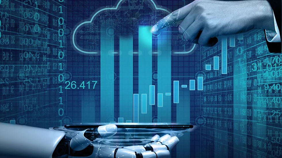 Interfaz digital con gráficos de datos, nube analítica y visualización de indicadores en entorno de Business Intelligence.