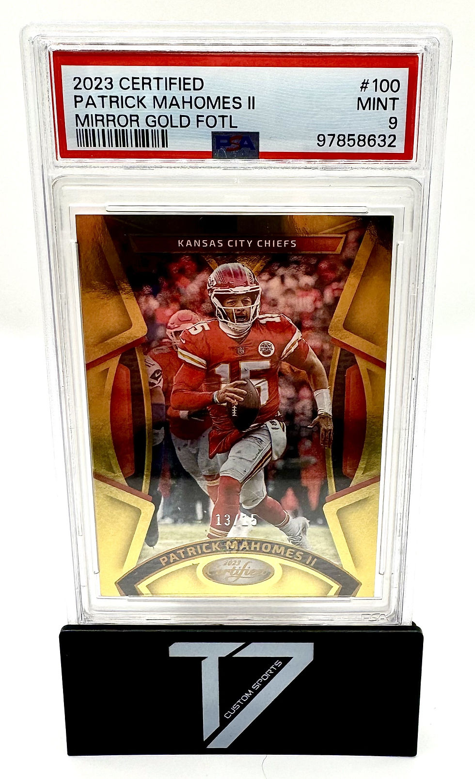Thumbnail: Patrick Mahomes 2023 Panini Certified Mirror Gold FOTL /15 PSA 9