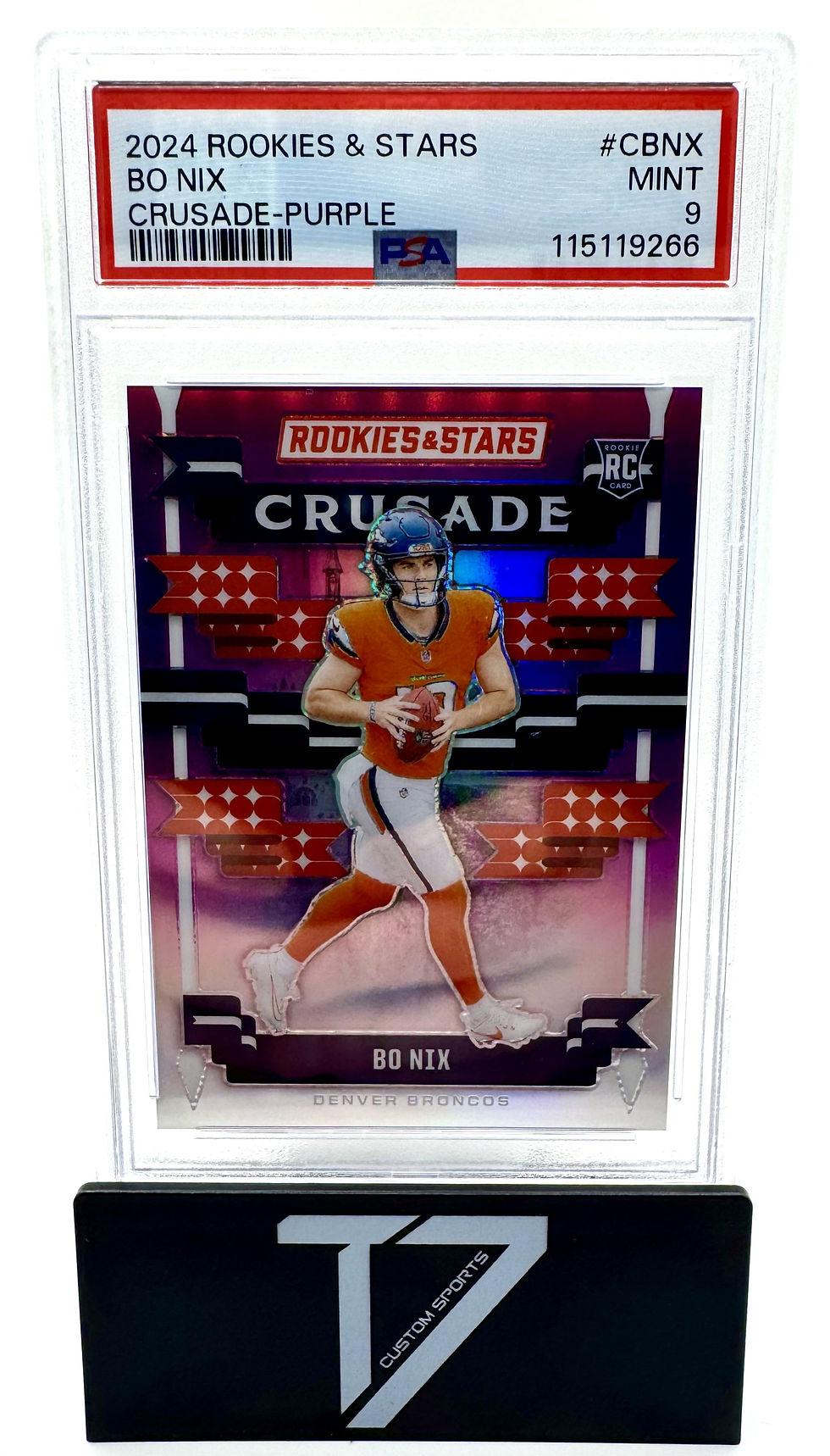 Thumbnail: Bo Nix 2024 Panini Rookies & Stars Crusade Purple /35 PSA Mint 9
