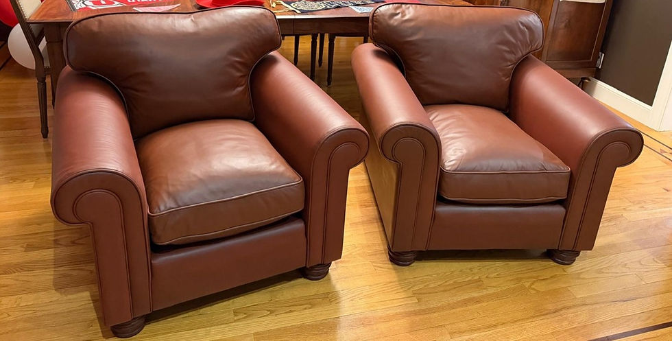 Two premium leather club chairs professionally restored in Burlingame, CA through expert leather cleaning, repair, custom color matching, refinishing, refurbishing, and conditioning by All Leather Works, showcasing rich brown leather, smooth surfaces, and a beautiful factory-quality finish.