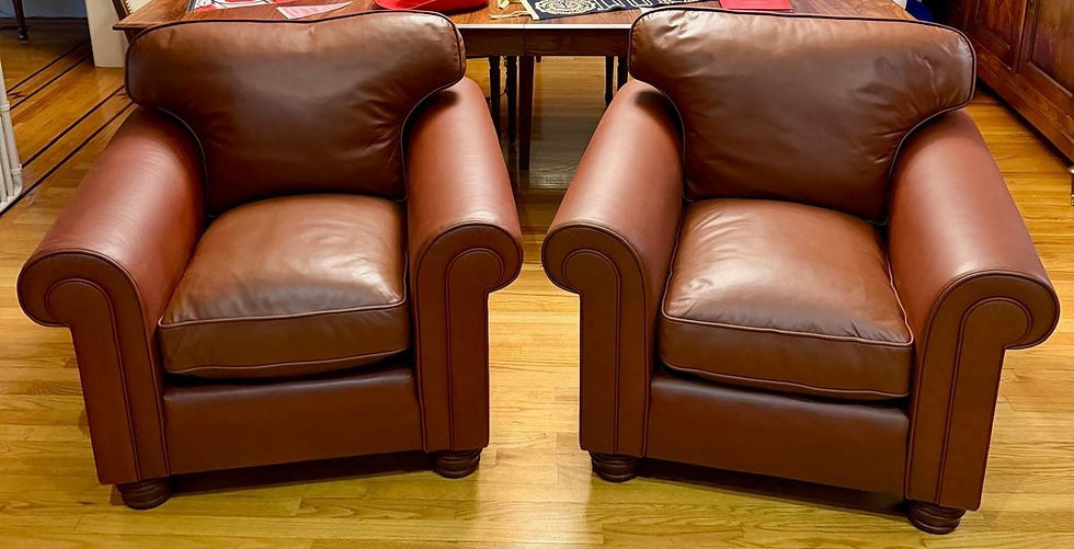 Two fully restored luxury leather club chairs in Burlingame, CA after professional leather cleaning, repair, custom color matching, refinishing, refurbishing, and reconditioning by All Leather Works, featuring rich brown leather, renewed finish, and a natural factory-quality appearance.
