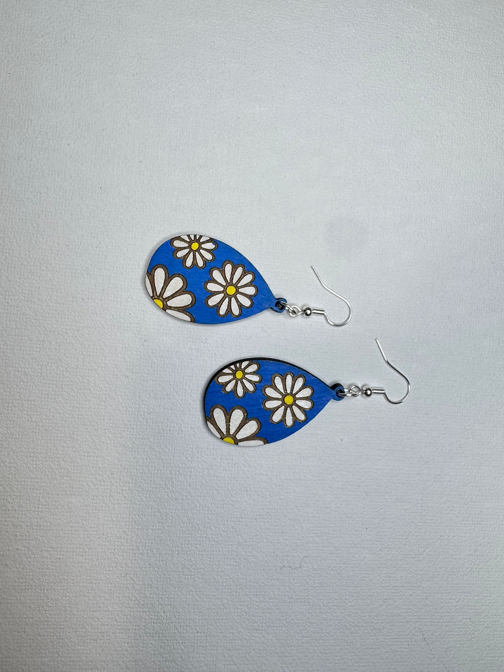 Thumbnail: Blue Daisy Wooden Teardrop Earrings | Handmade Floral Earrings