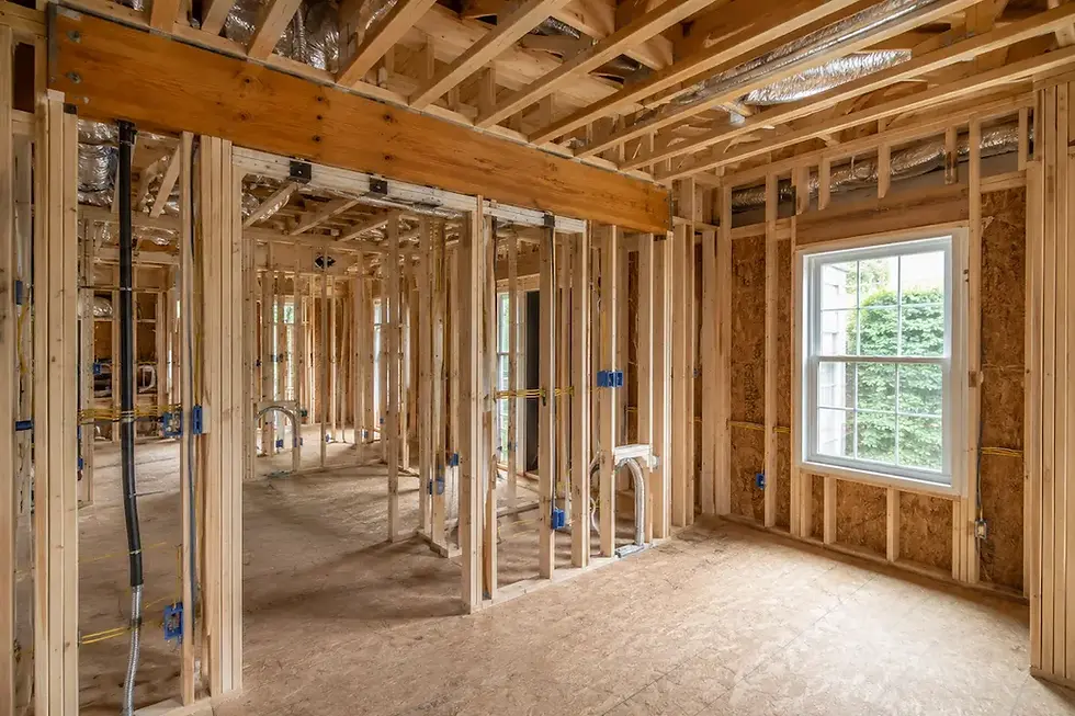 home addition framing and utility rough-in Alexandria VA — exposed beam, ductwork, and electrical wiring before drywall