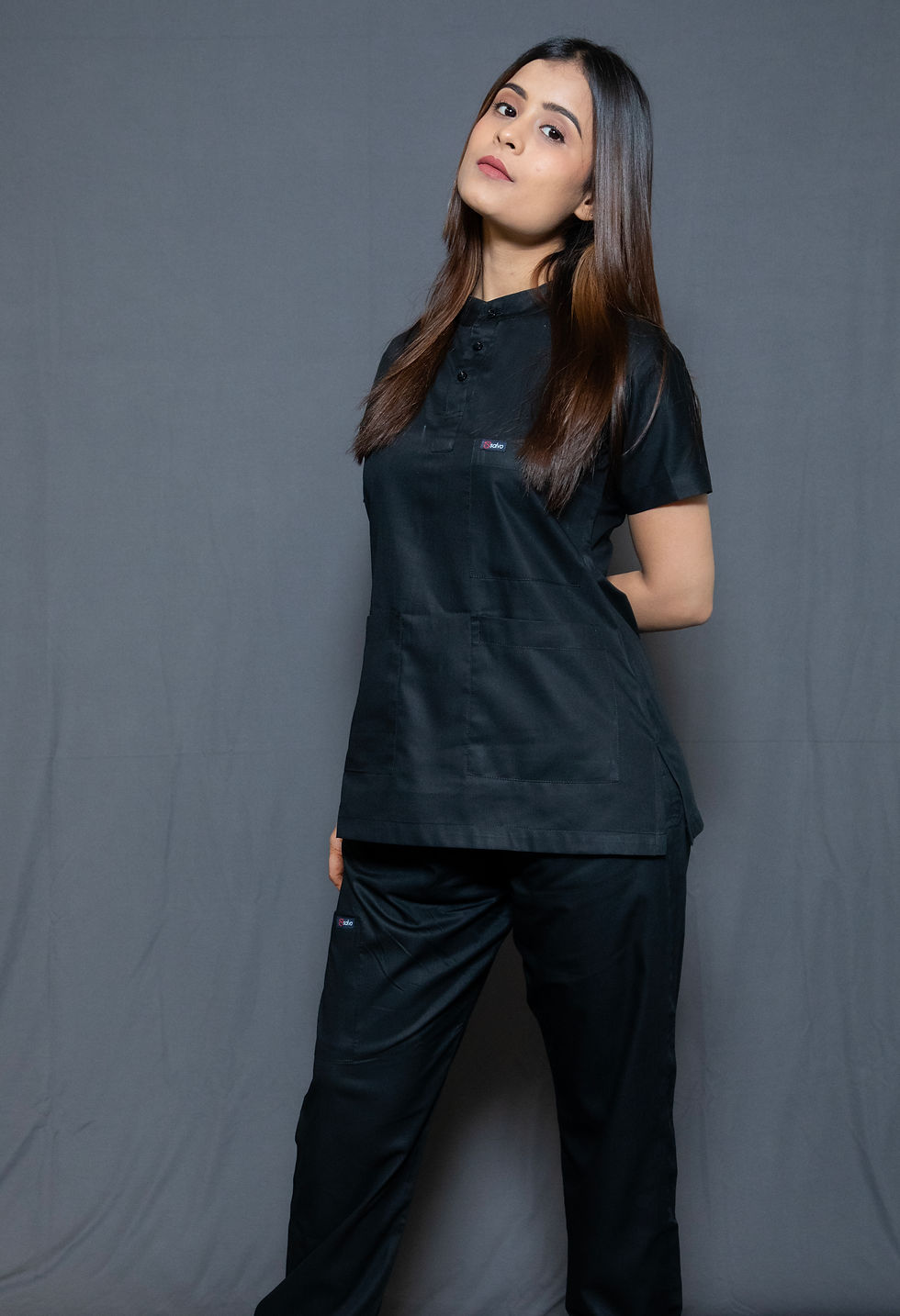 Thumbnail: WOMEN'S BLACK MANDARIN COLLAR ULTRA PREMIUM SCRUBS