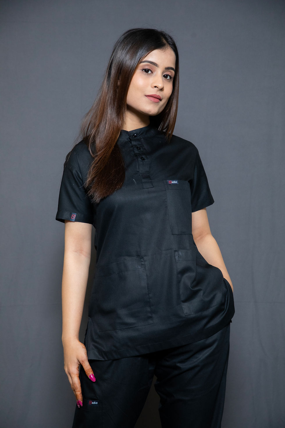 Thumbnail: WOMEN'S BLACK MANDARIN COLLAR ULTRA PREMIUM SCRUBS