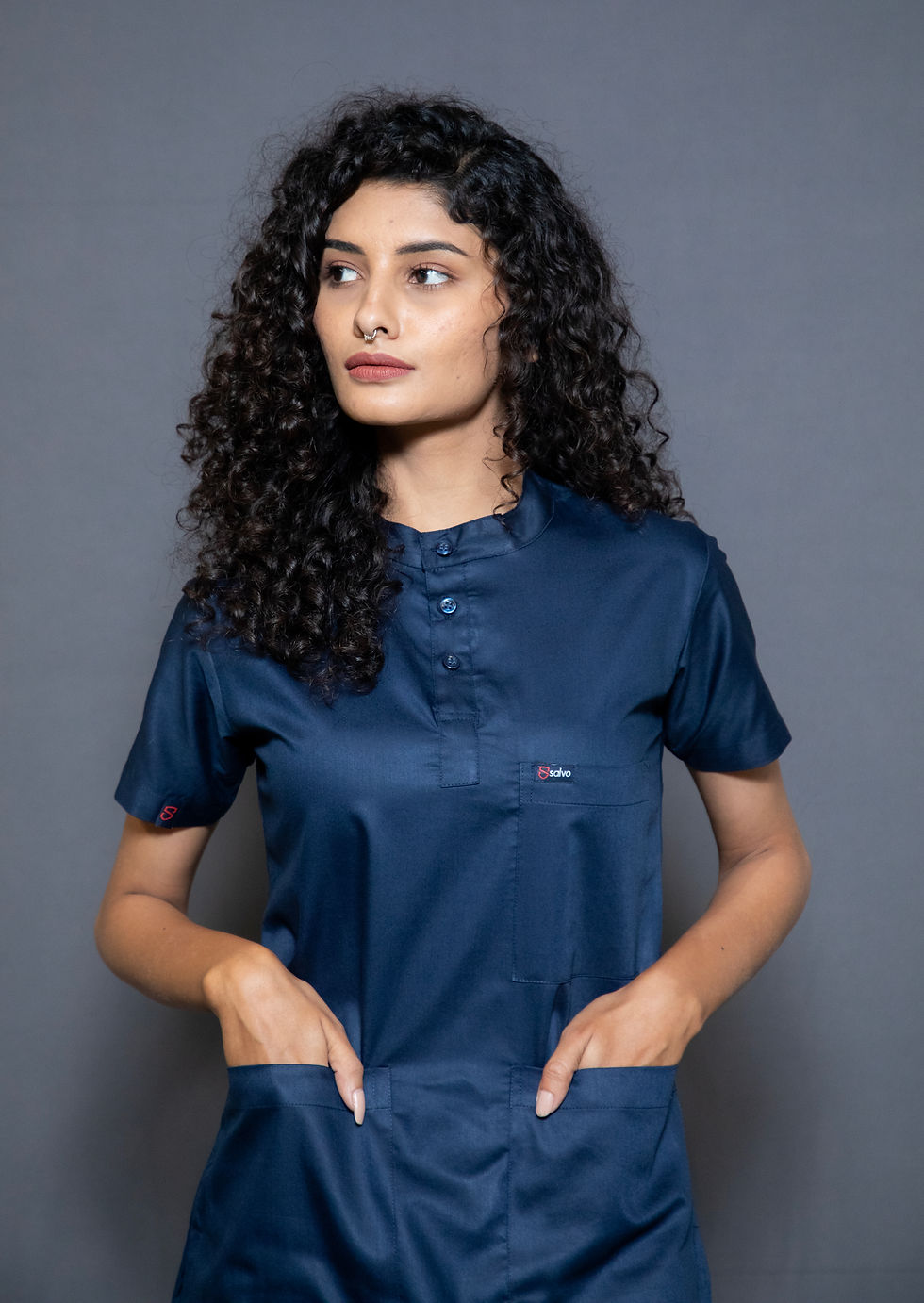 Thumbnail: WOMEN'S NAVY BLUE MANDARIN COLLAR ULTRA PREMIUM SCRUBS
