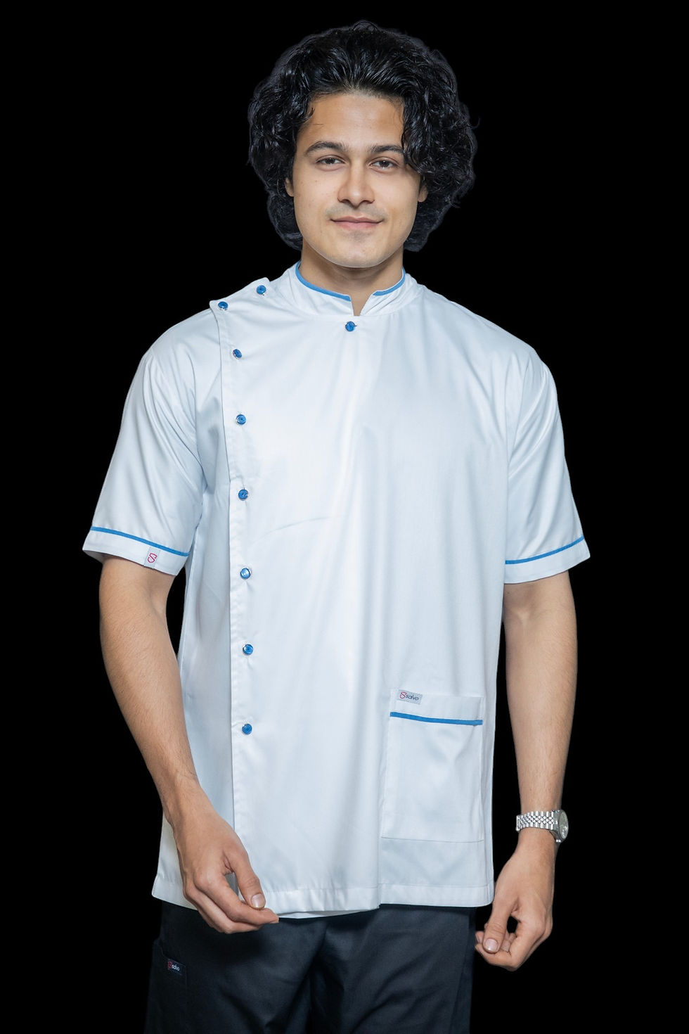 Thumbnail: MEN'S HALF SLEEVE  ULTRA PREMIUM SIDE BUTTON APRON WITH PIPING