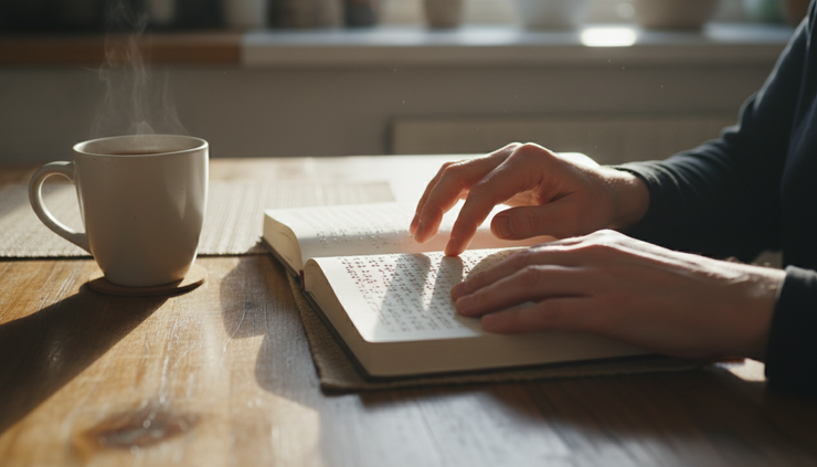 Close-up view of hands reading braille on an open book beside a mug of tea