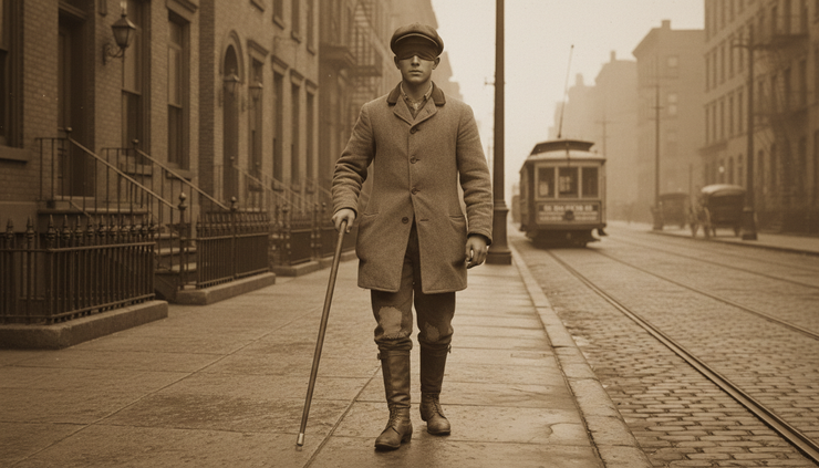 Eye-level view of a young blind man walking along a Chicago sidewalk with a cane.