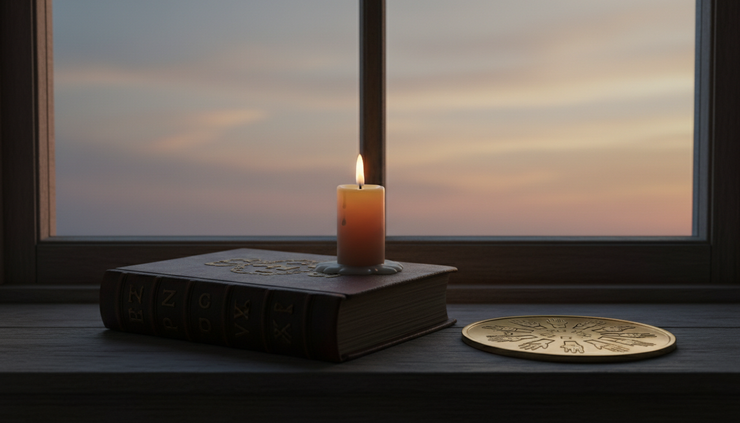 Eye-level view of a quiet memorial candle beside a worn teaching book