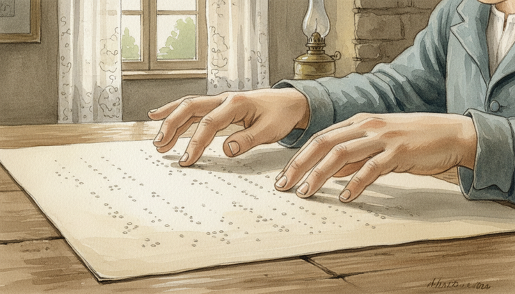 Close-up view of a child's hands reading raised dots on thick paper.