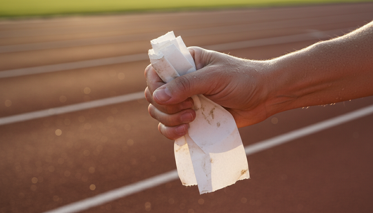 Close-up view of a runner’s hand holding a worn racing bib near a track lane.