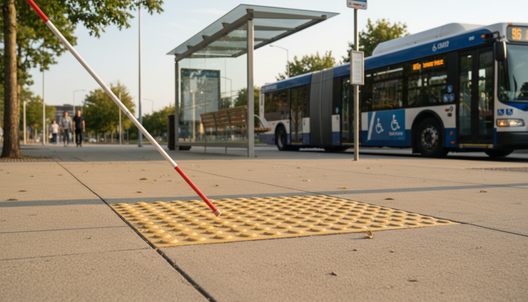 Ground-level view of a clear sidewalk with a white cane moving past a bus stop