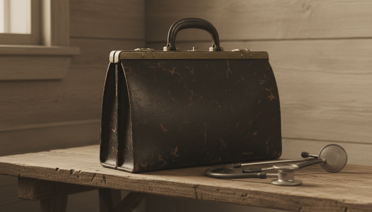 Close-up view of a vintage stethoscope and medical bag resting on a wooden bench.
