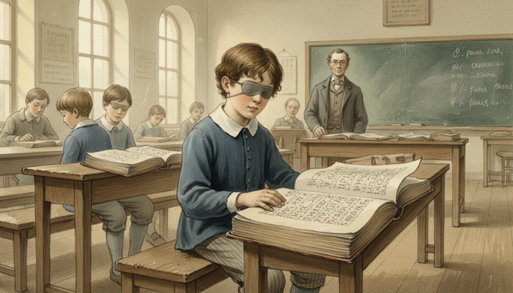 Eye-level view of a young student sitting beside large raised-letter books.