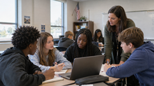 Middle school students work together on a technology assignment while their teacher guides a classroom discussion in an Alabama public school.