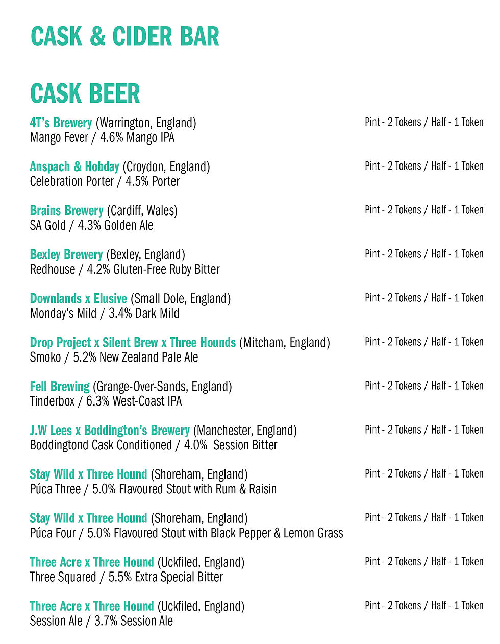Beer menu titled "Cask & Cider Bar" lists breweries, beer names, origins, ABV, and token costs. Text in green and black on white background.