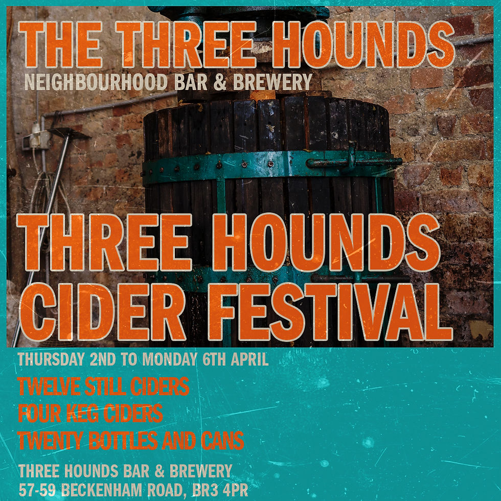Cider festival poster with a large barrel against a brick wall. Text: "The Three Hounds Cider Festival" with event details in bold colors.
