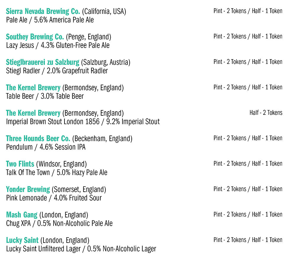 Beer menu listing breweries from USA, England, Austria. Beers include pale ales, stouts, IPAs. Prices: Pint - 2 Tokens, Half - 1 Token.