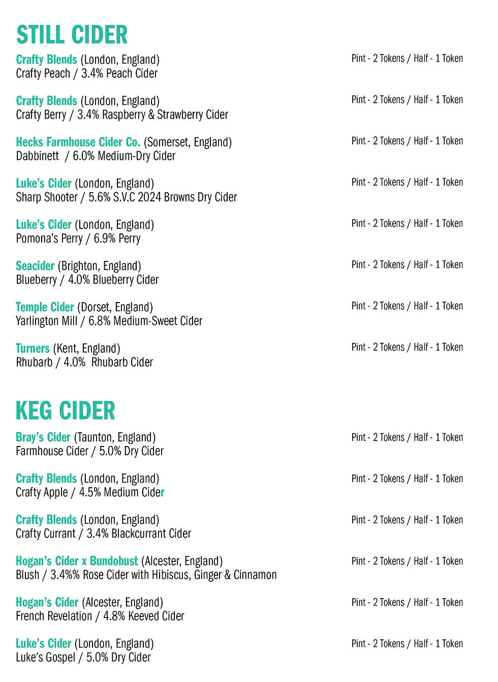 Menu listing still and keg ciders from various UK producers, with prices in tokens for pints and halves. Text in teal and black.
