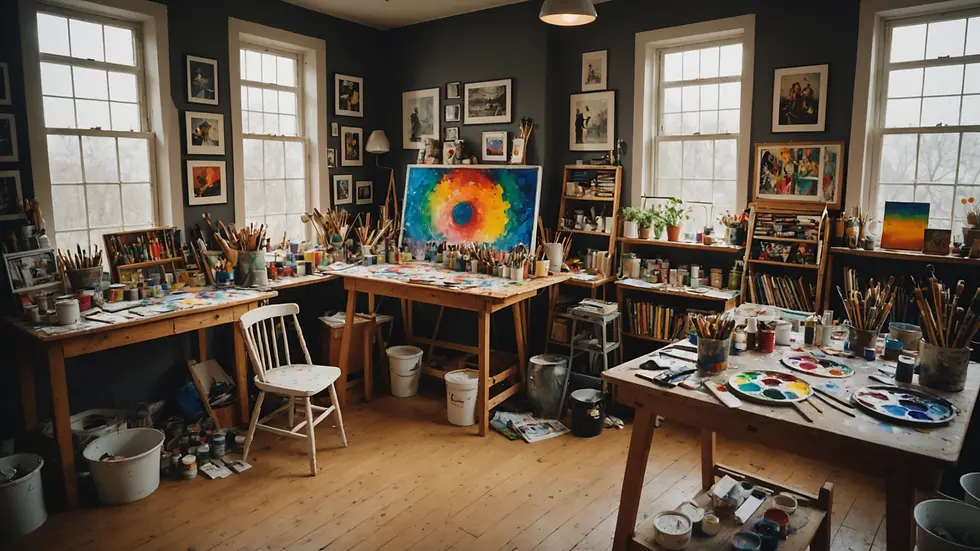 Wide angle view of an artist's studio filled with paints and canvases