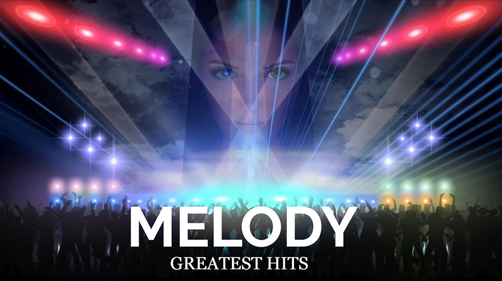 A silhouetted rock band performs against a vibrant red cityscape. Text: "MELODY GREATEST HITS" in bold at the bottom. Dynamic mood.