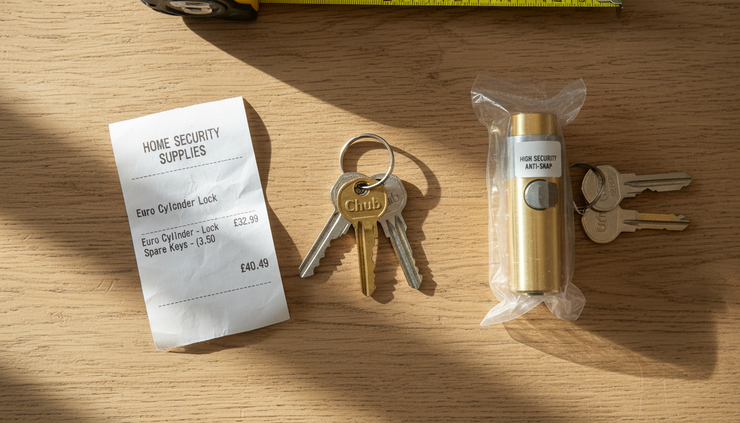 Overhead view of keys, a receipt and a domestic door lock on a kitchen table