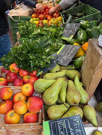 Market day fruit and vegetable offerings at Saint-Gemain-des-Prés in Paris, France