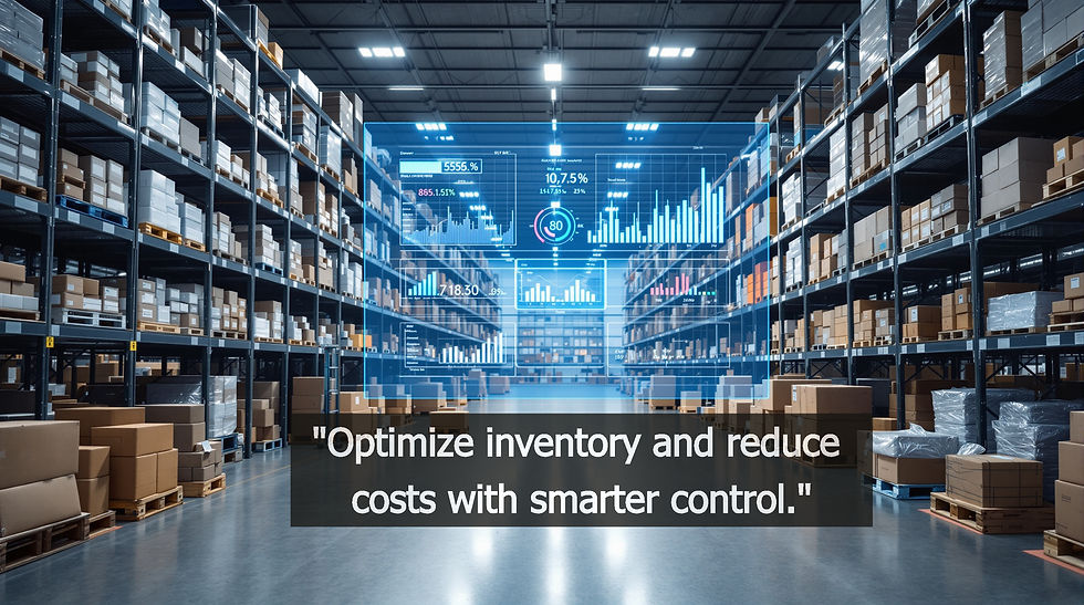 "Warehouse with dashboard showing inventory metrics."