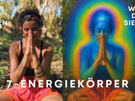 Links ist eine Frau in realistischer Ansicht und rechts eine Frau in das Licht der sieben Energiezentren (Chakren) gehüllt