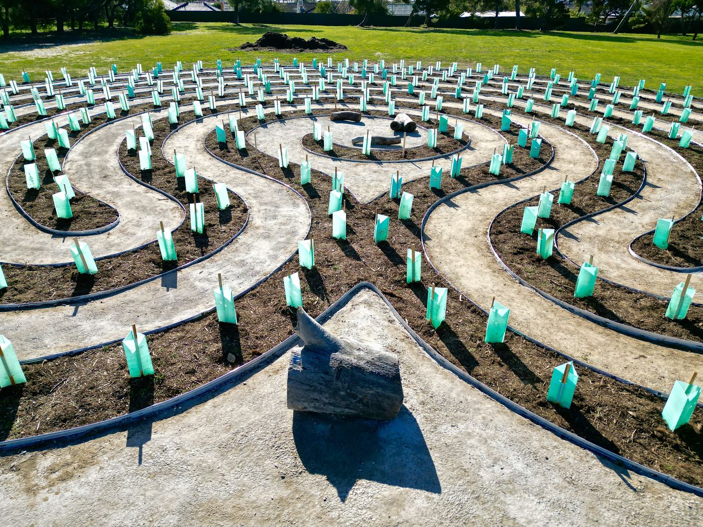 Drone view of a completed planted labyrinth landscape with tree guards and a central feature stone