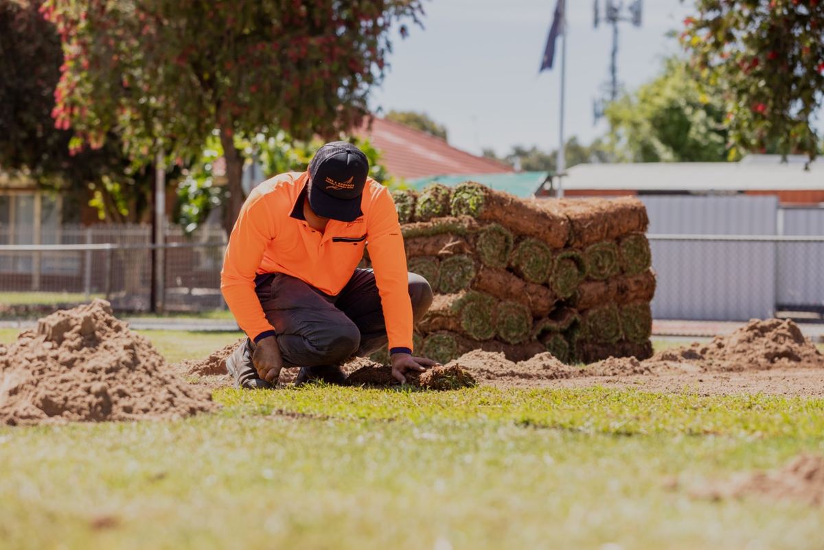 Tree and Grounds team member in orange hi-vis laying rolls of instant turf