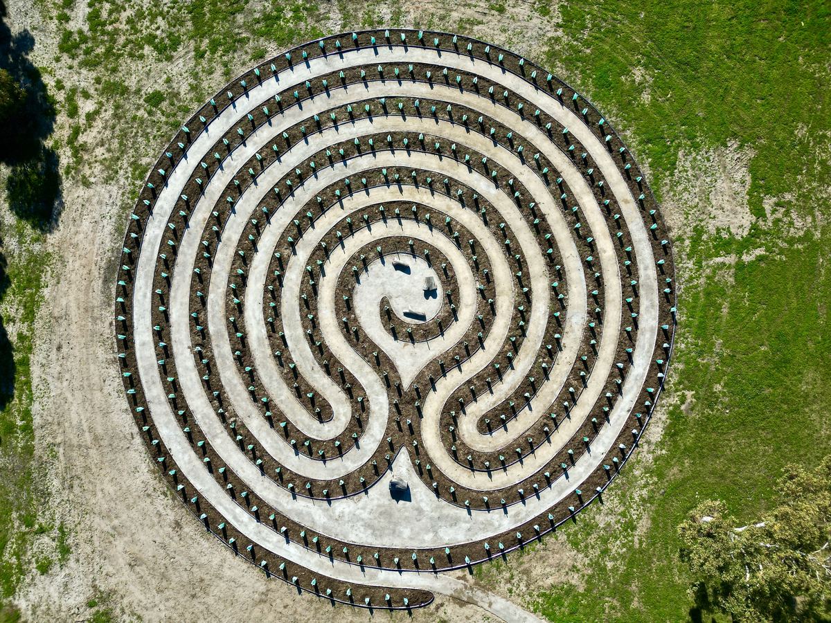 Top-down drone view of a finished labyrinth landscape with planted edging