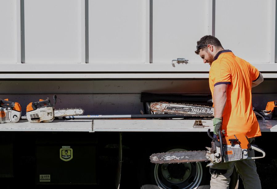 Arborist beside a work truck with chainsaws racked on the tray