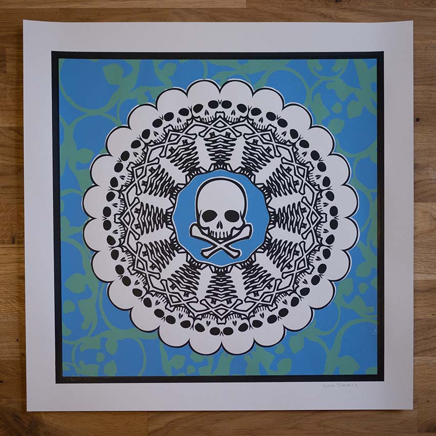 Thumbnail: Skull kaleidoscope screen print blue green