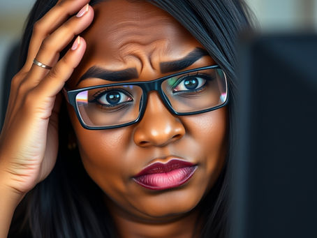 Visually impaired black woman with deep brown skin and long dark hair with a frustrated expression squinting at her screen and holding a hand to her temple