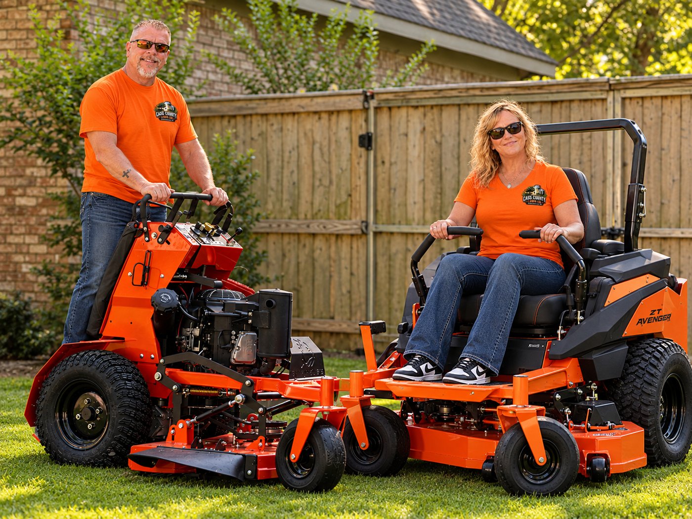 Shawn and Kamm Wurtz, owners of Cass County Lawn Co., with their Bad Boy mowers