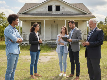 Potential buyers assess the possibilities of restoring a distressed property, each weighing the potential and challenges of the investment opportunity.
